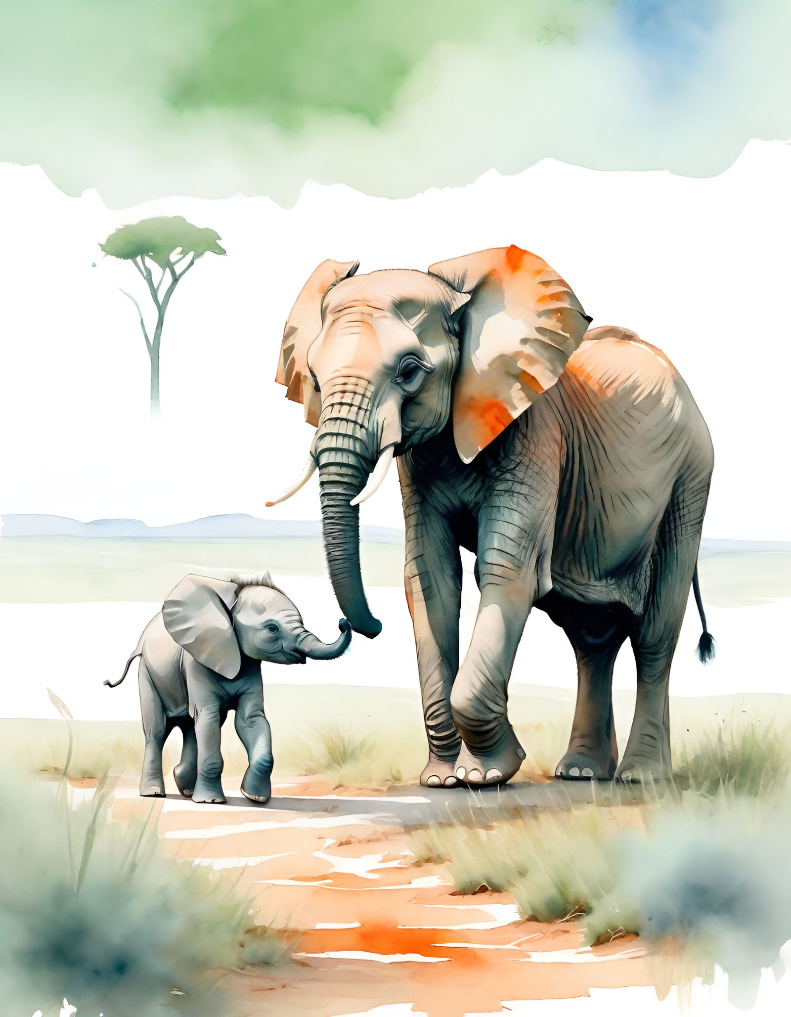 Baby Elephant Follows Mother: Watercolor Storybook Scene