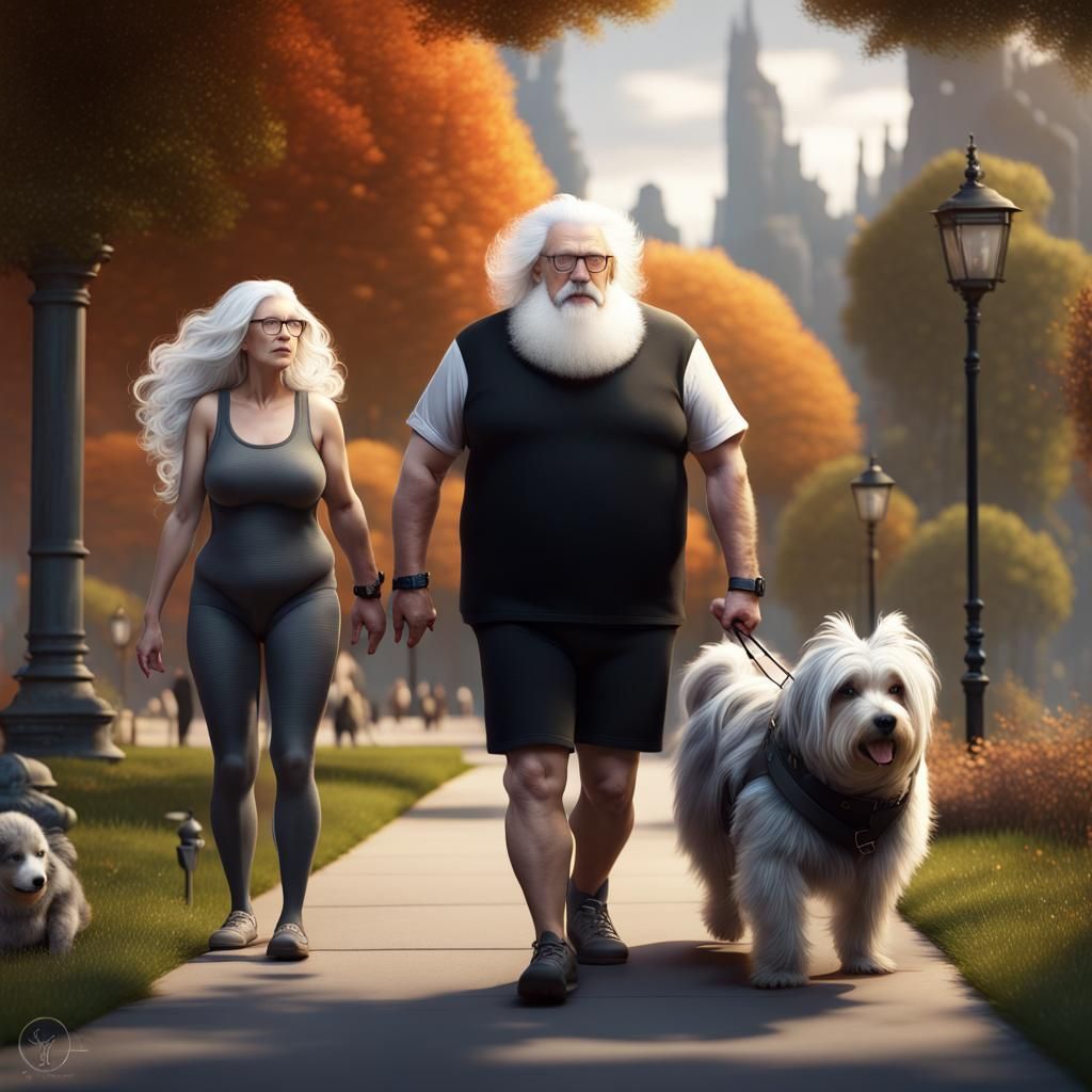 Elderly Couple Walking Dog in Park, Detailed Digital Art