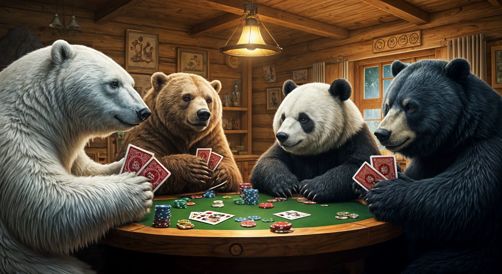 Bears Gather for Heated Poker Night in Cozy Cabin