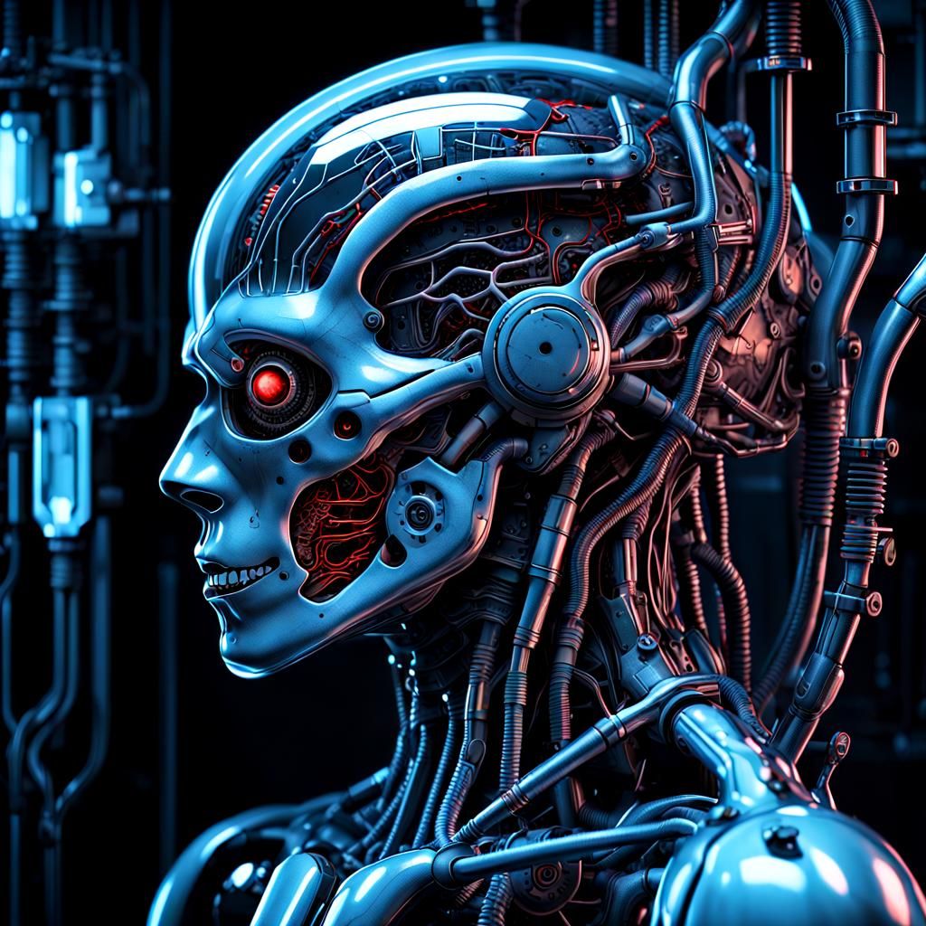 Biomechanical Sci-Fi Cyborg in Dark Laboratory