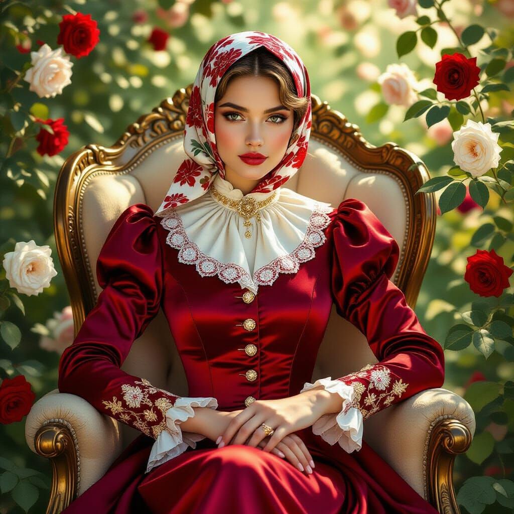 Elegant Woman in Crimson Manteau on Golden Chair Amidst Rose...