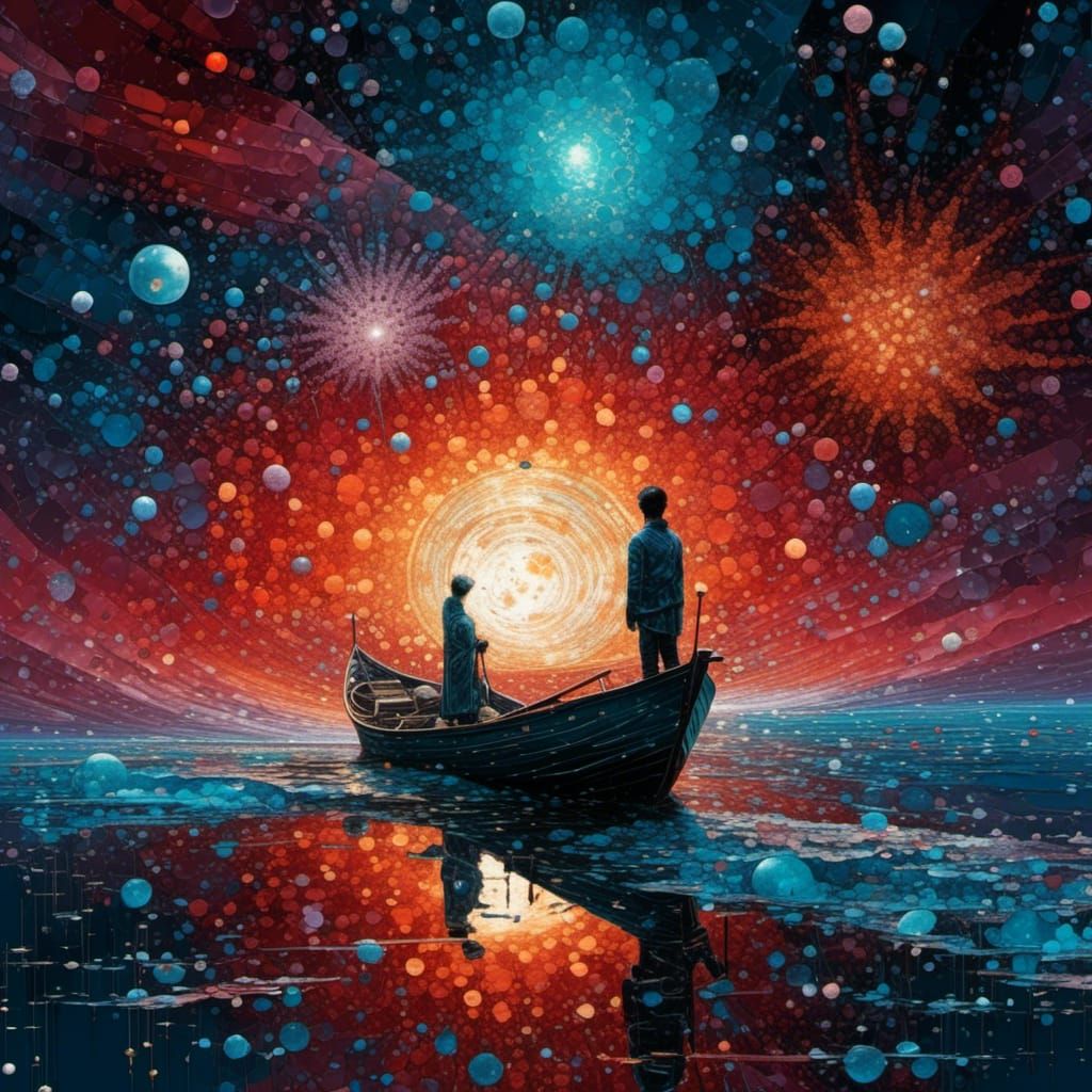 Sparkling Moonlit Sea with Boat in Abstract Style