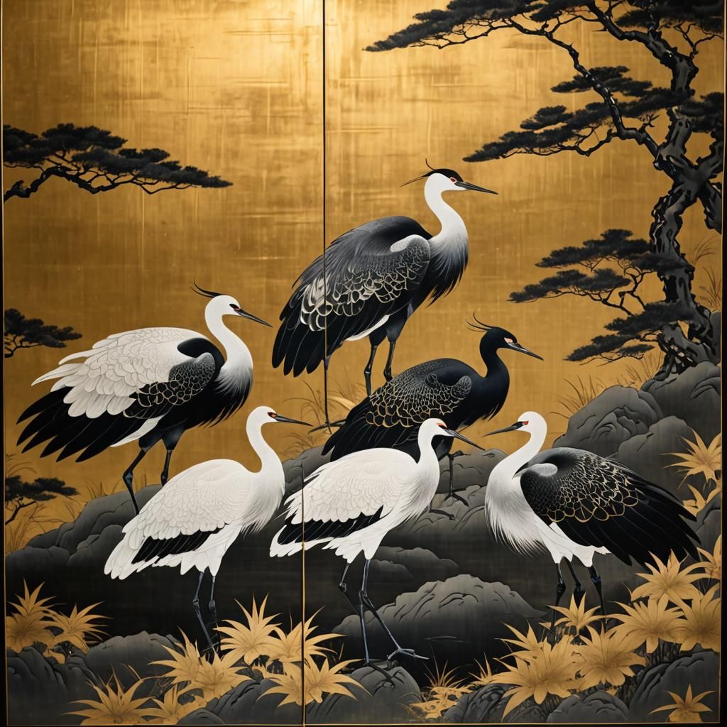 Japanese Screen with Cranes in Woodblock Style