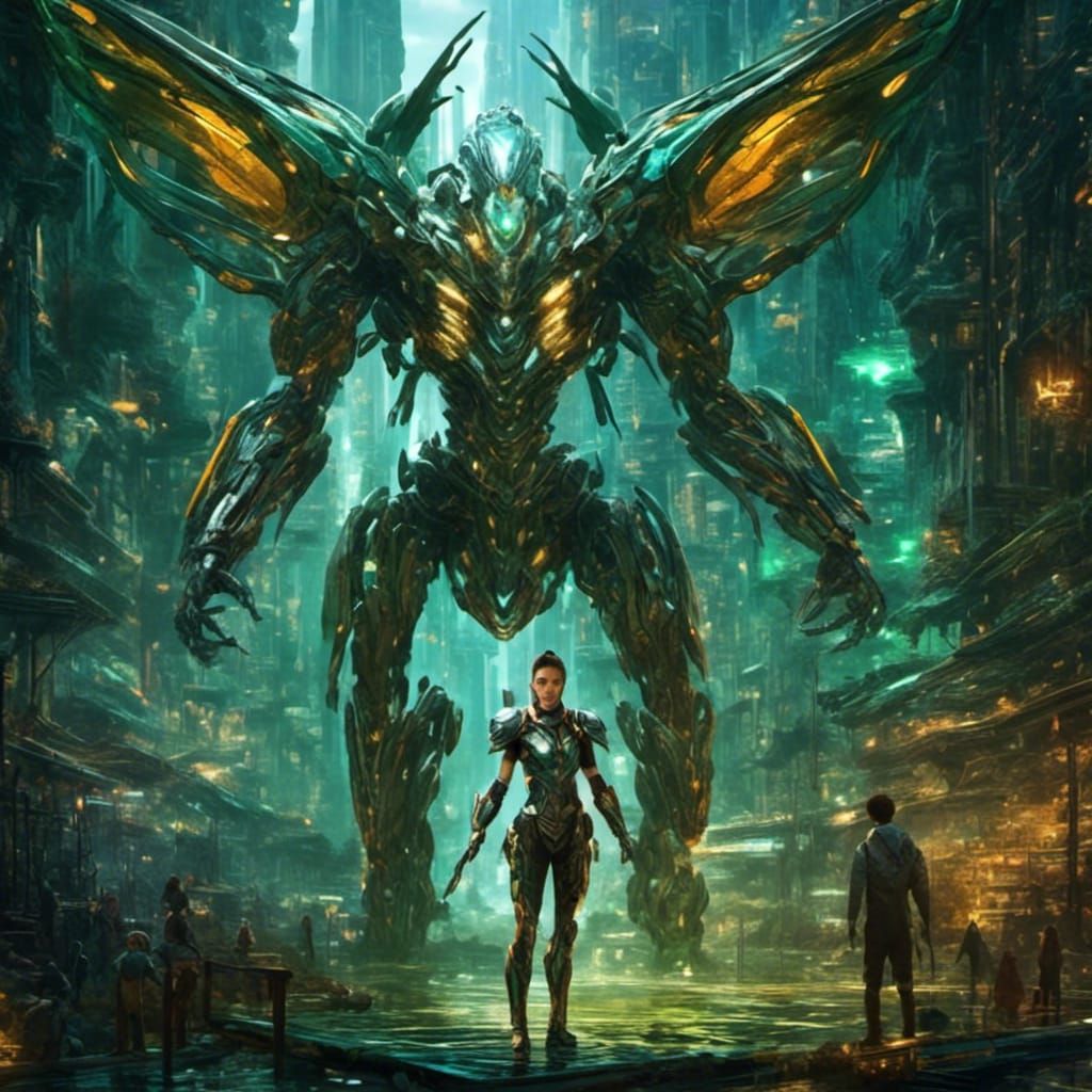 a city of the future with androgynous cyborgs and androids.