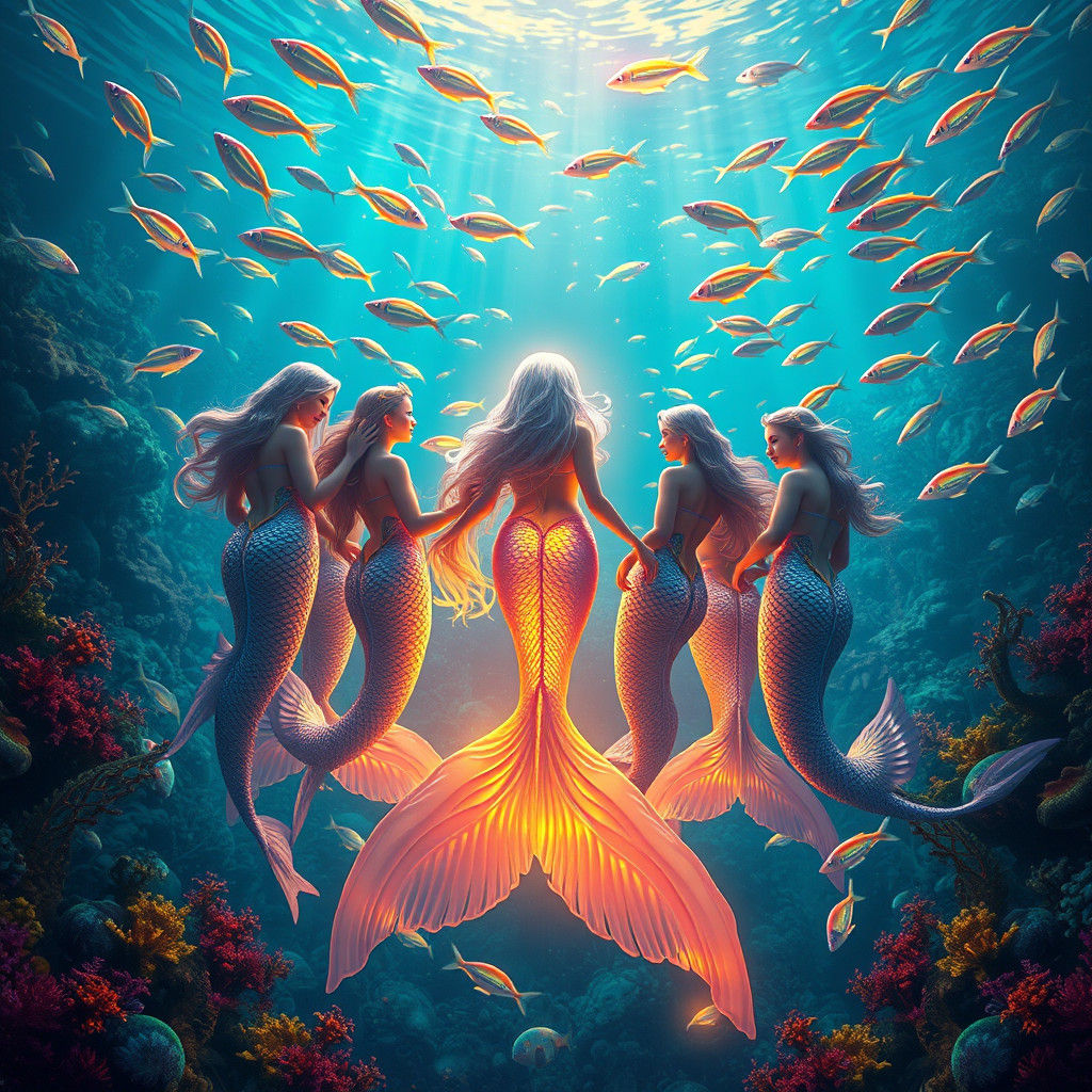 Glowing Mermaids in a Bioluminescent Underwater Realm
