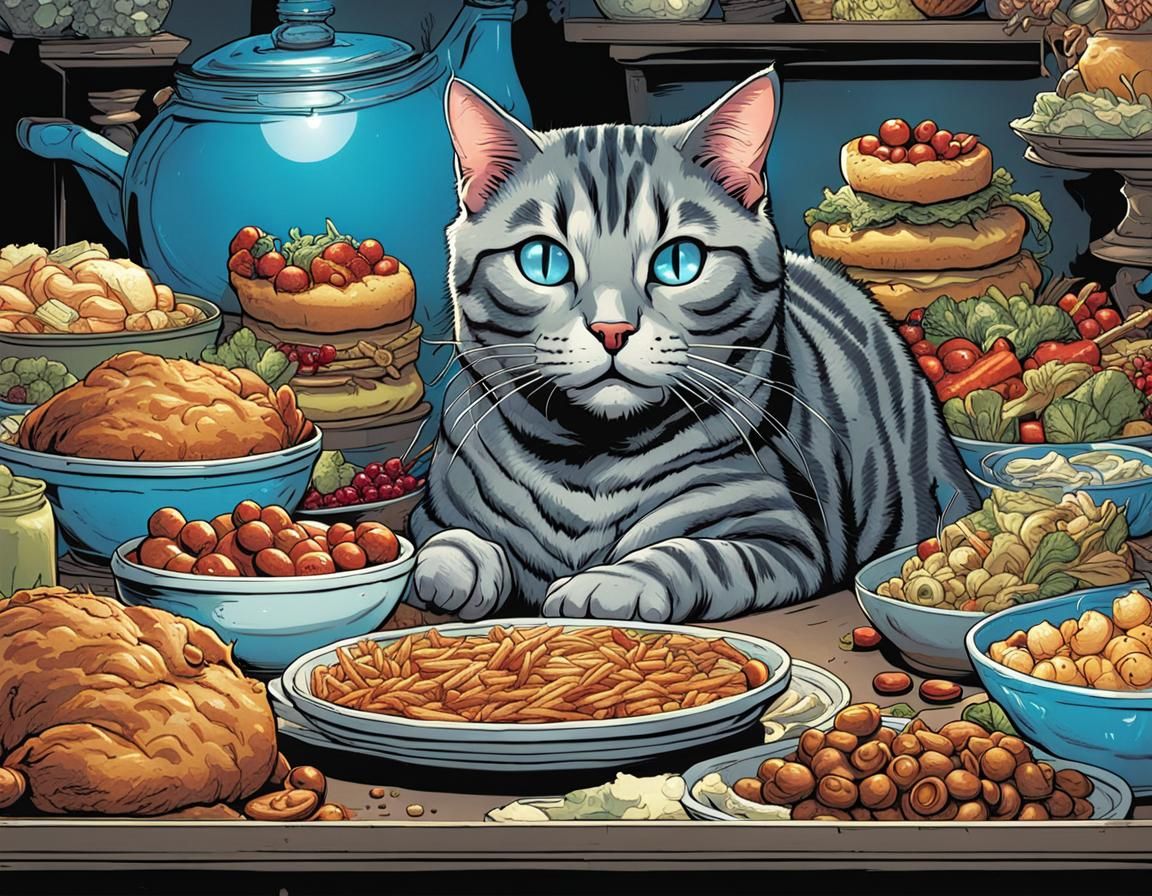 Grey tabby cat on the buffet
