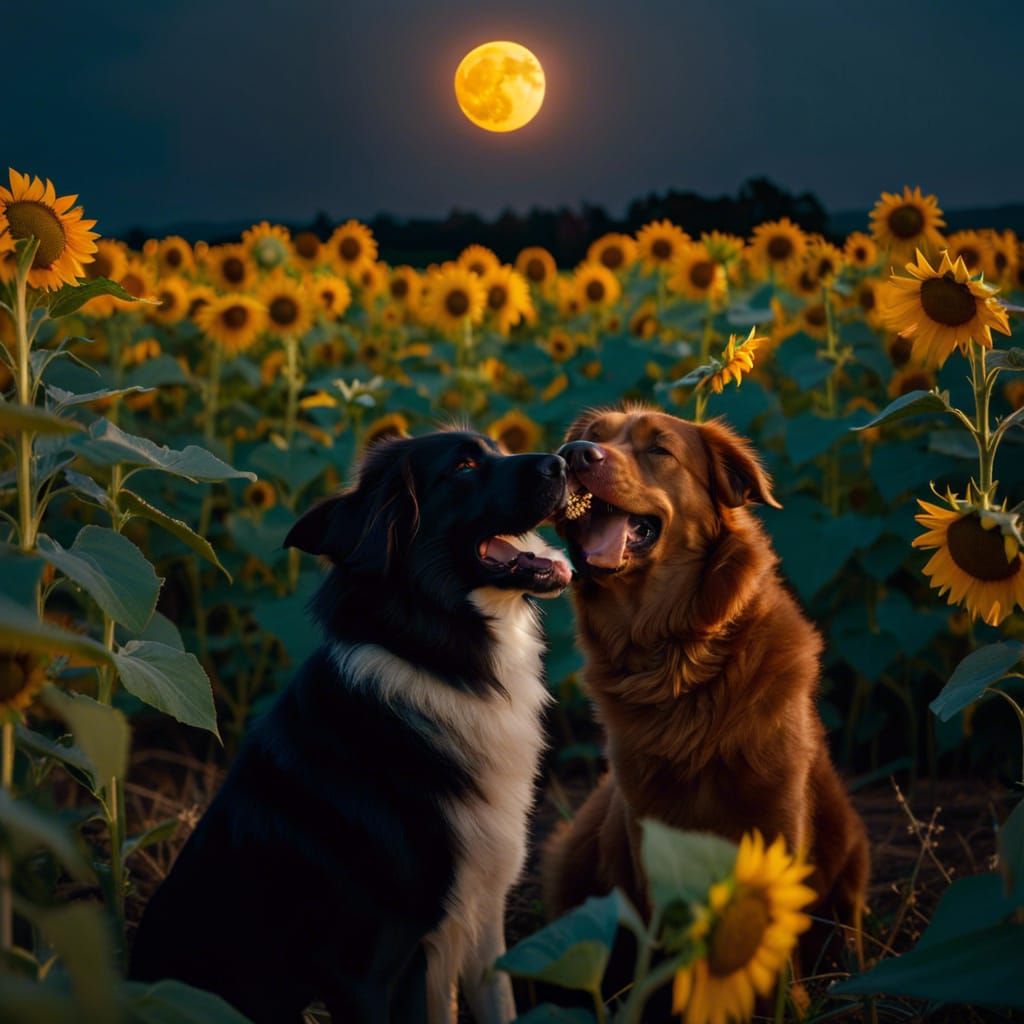Friends Laughing in Sunflower Field at Midnight