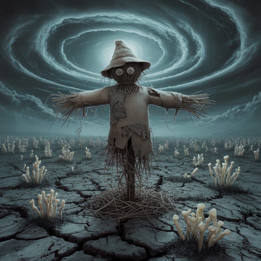 Cosmic Scarecrow in Desolate Field, Grimdark Surrealism