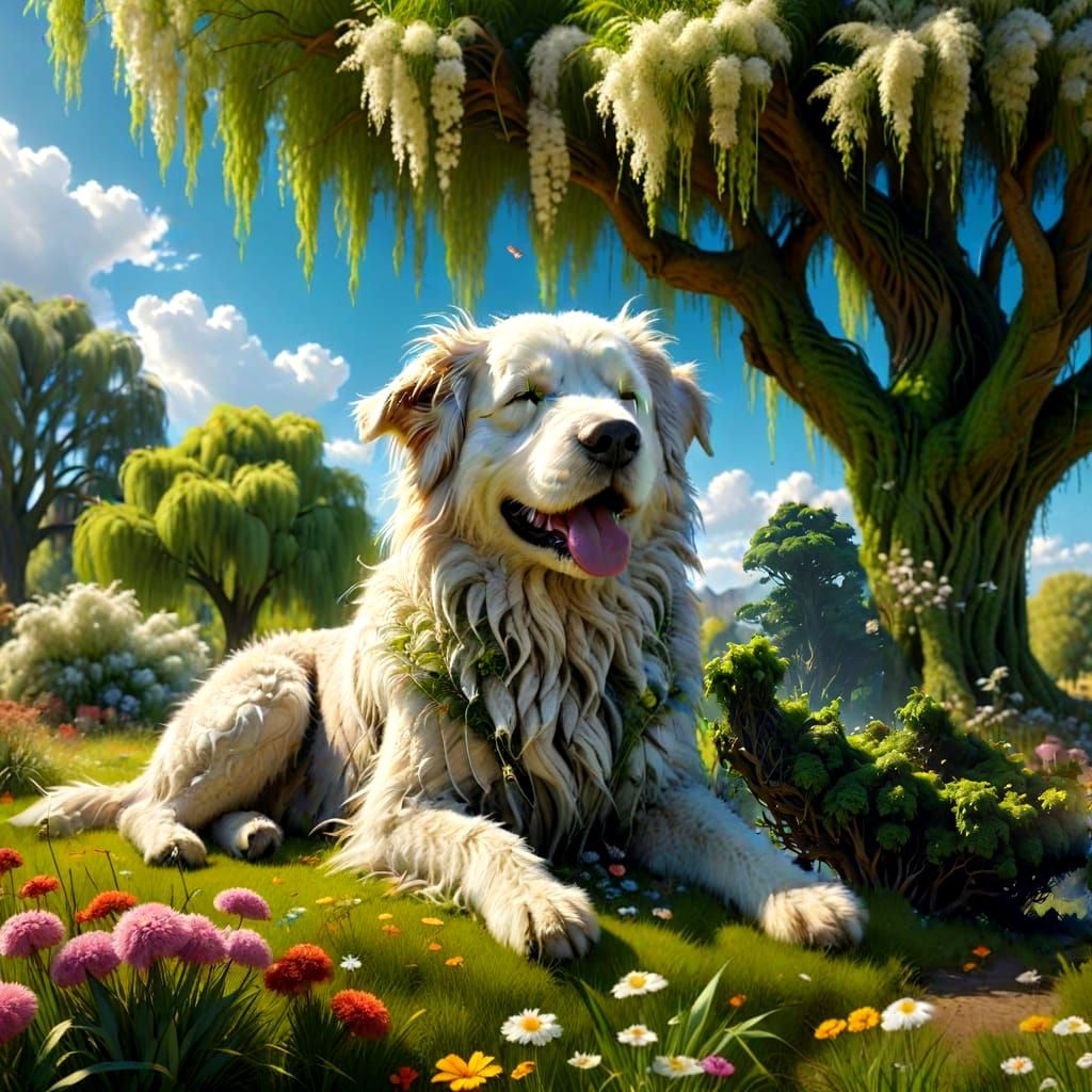 Girl and Fluffy Dog Sleeping in Flower Meadow