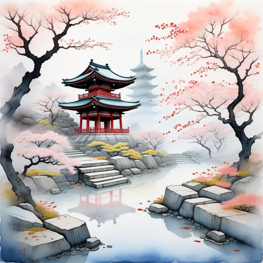 Misty Garden Near Ancient Temple in Watercolor Style