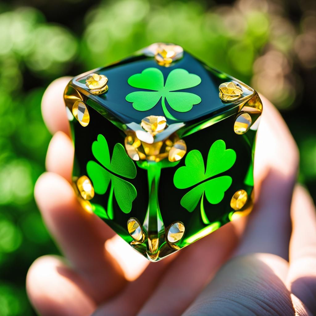 Green and Gold Crystal Dice with Four-Leaf Clover
