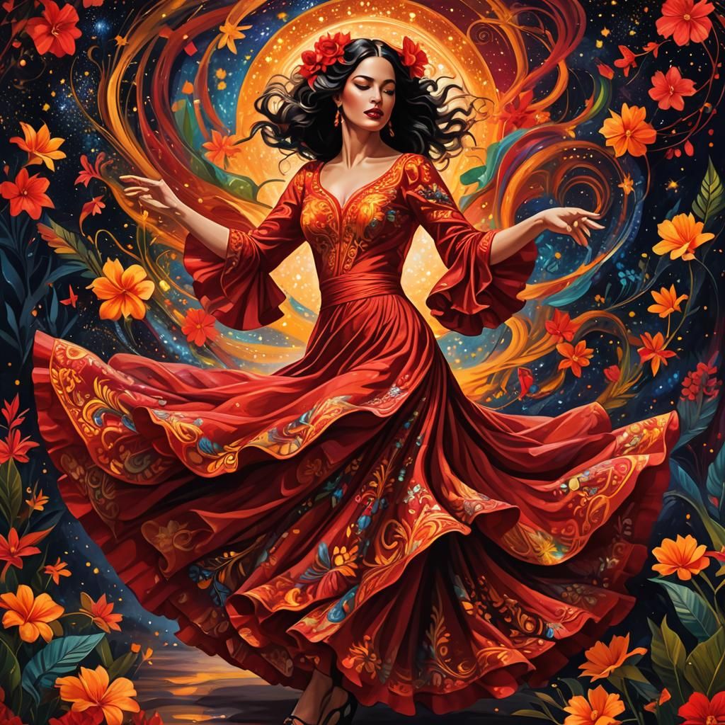 Flamenco Dancer Under Cosmic Sky: Digital Illustration