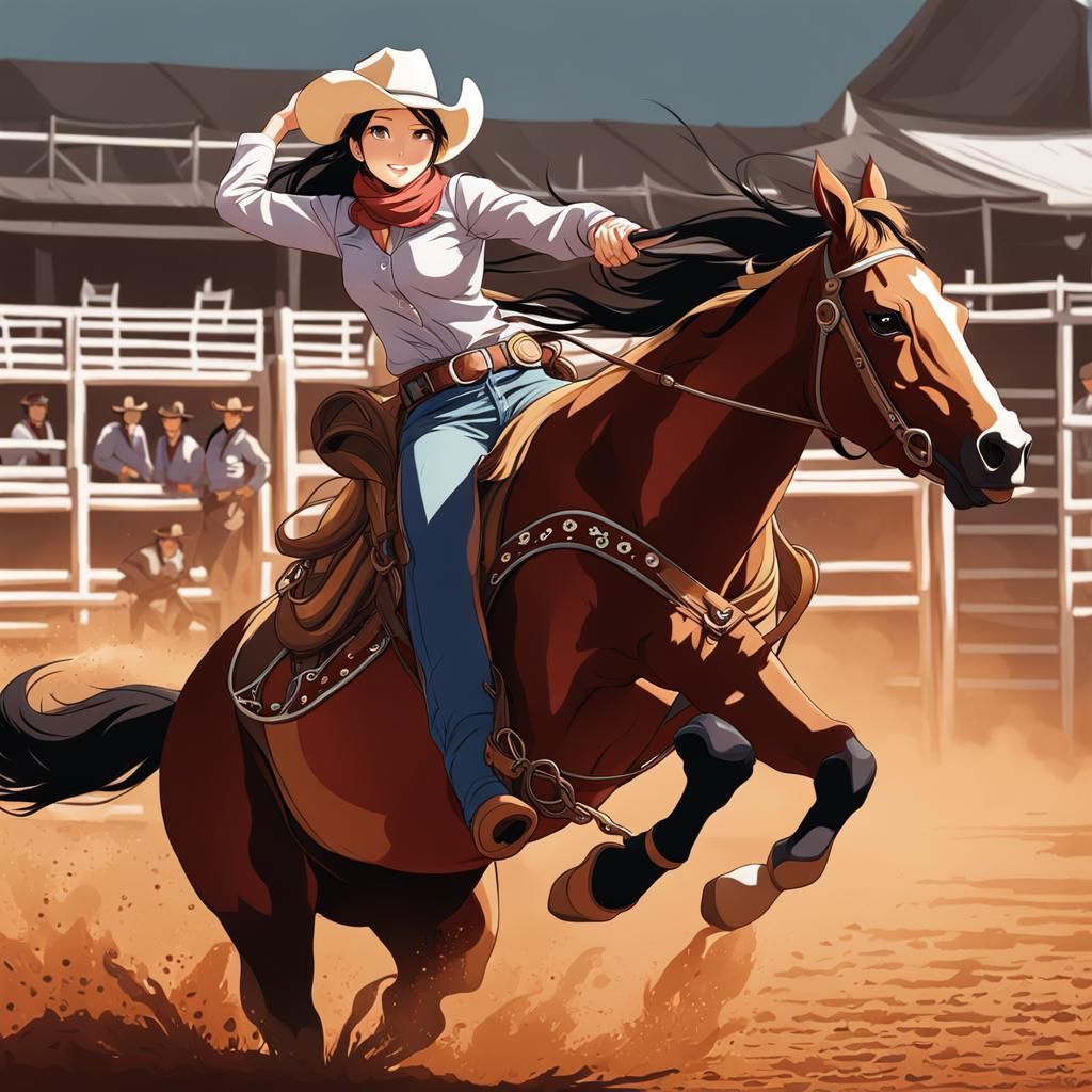 Cowgirl Rides Bronc: Anime Rodeo Art