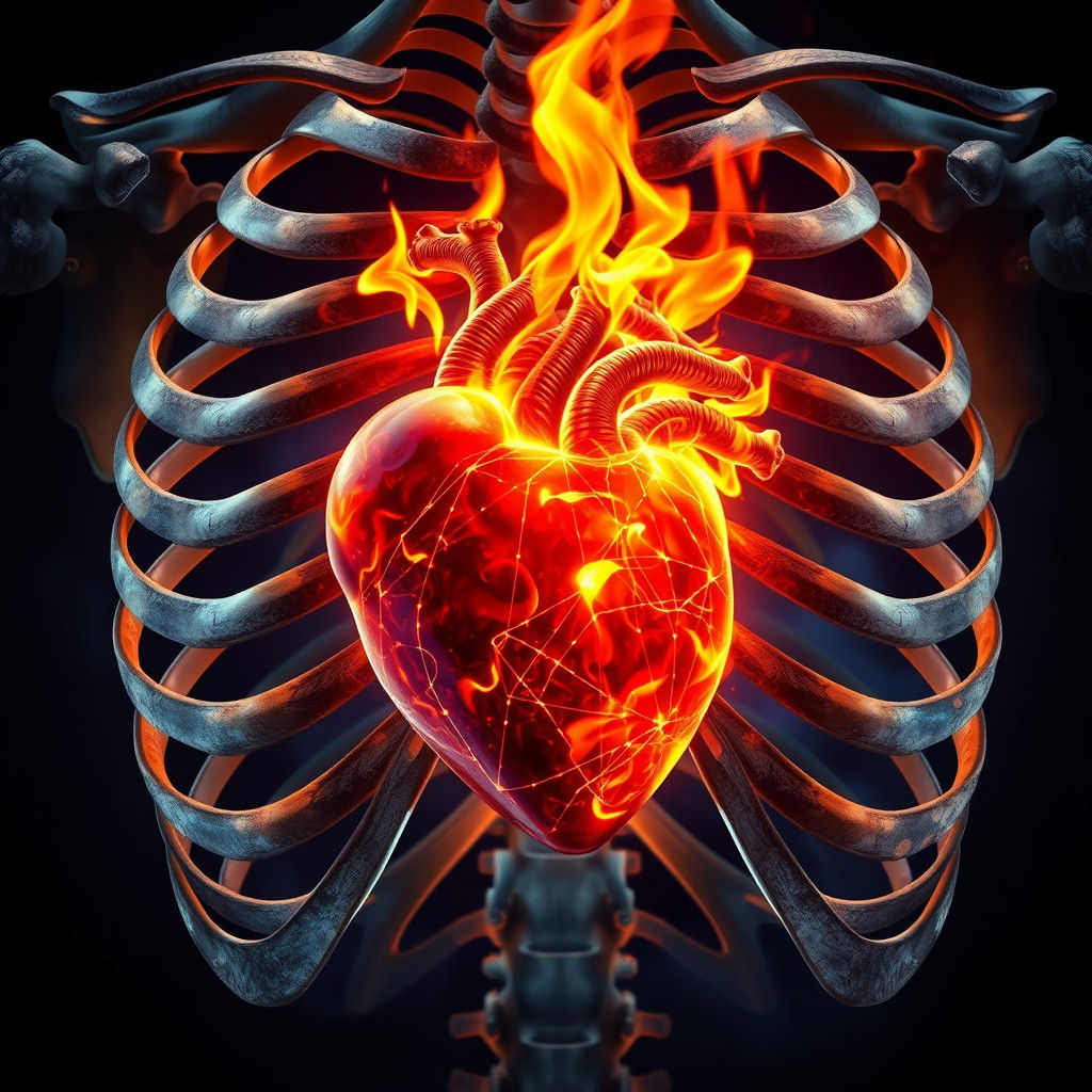 Fiery Heart Inside Ribcage: Hyperdetailed Digital Painting