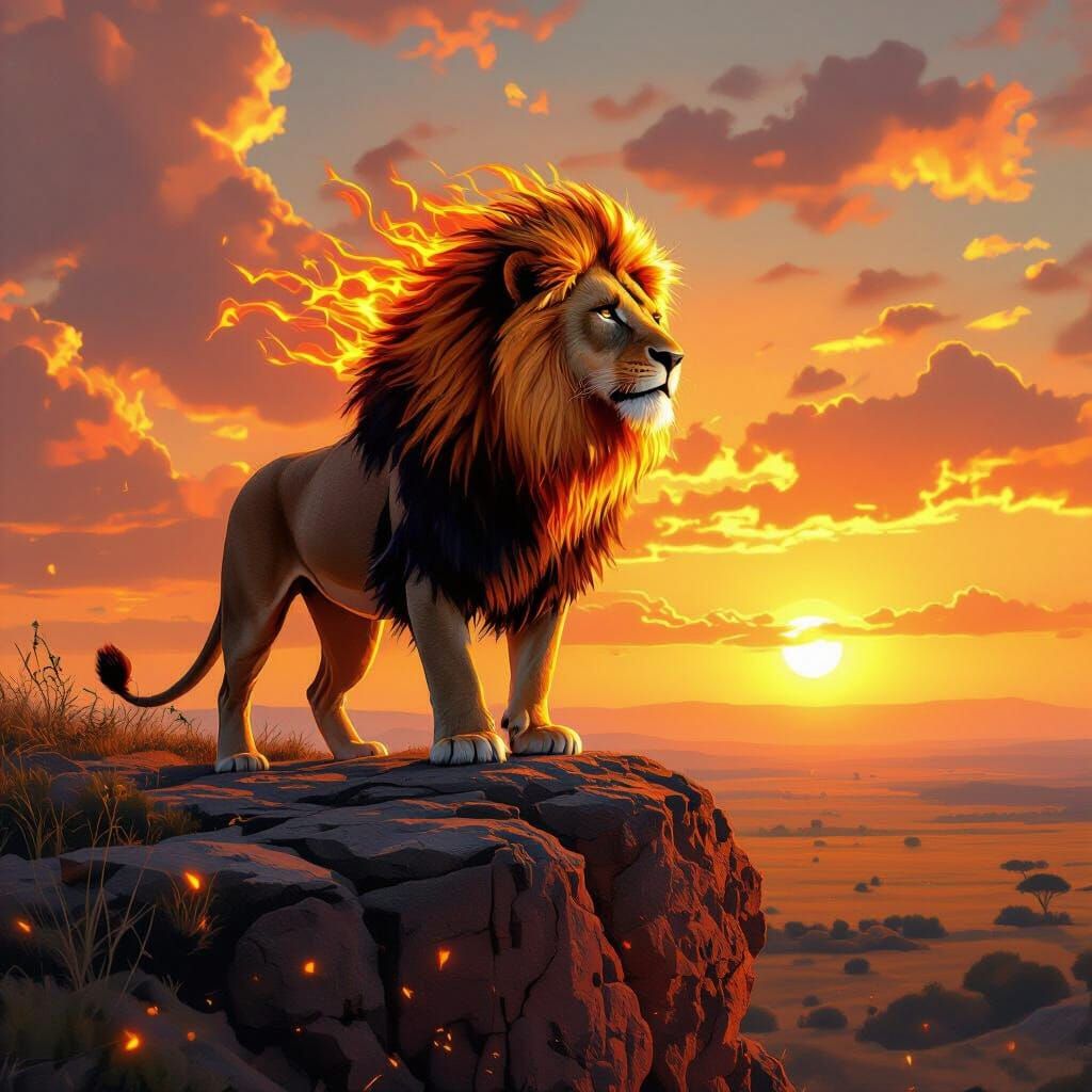 Majestic Lion with Fiery Mane on Cliff Overlooking Savanna
