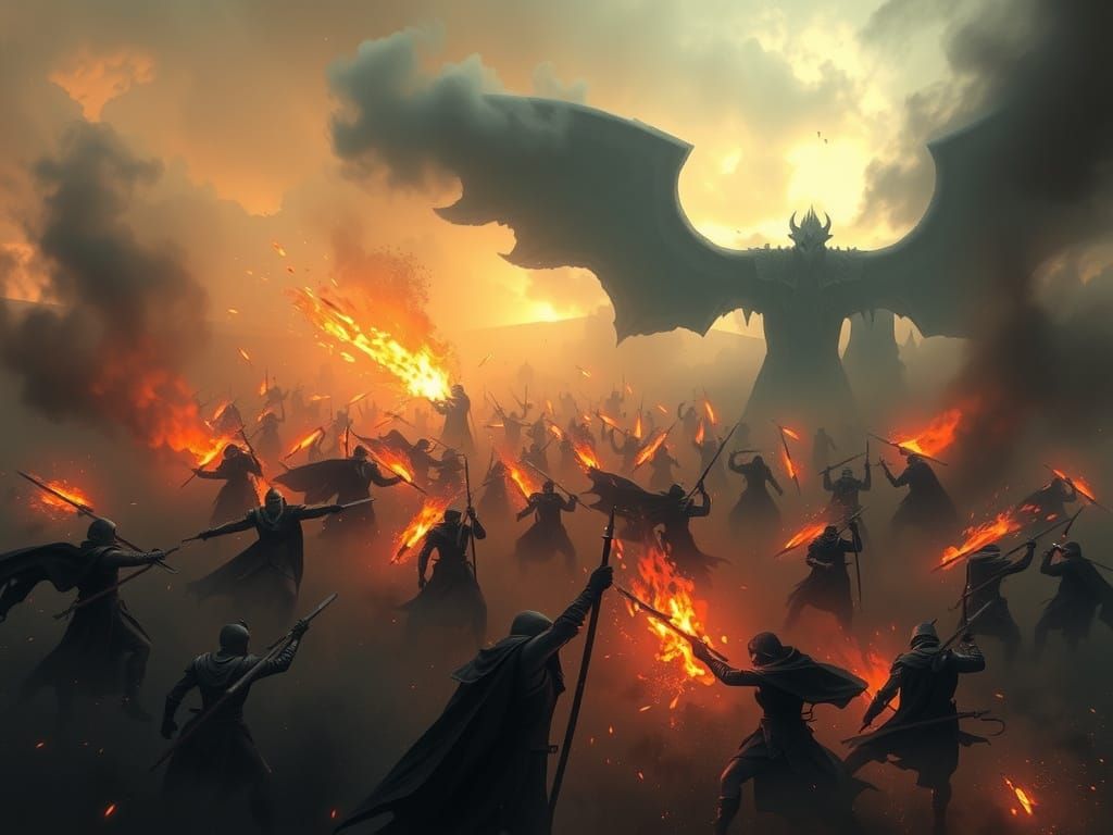 Epic Battle Between Light and Darkness in Misty Landscape