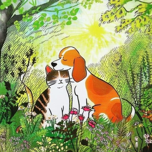 Cat and Dog Cuddled Together in Whimsical Garden