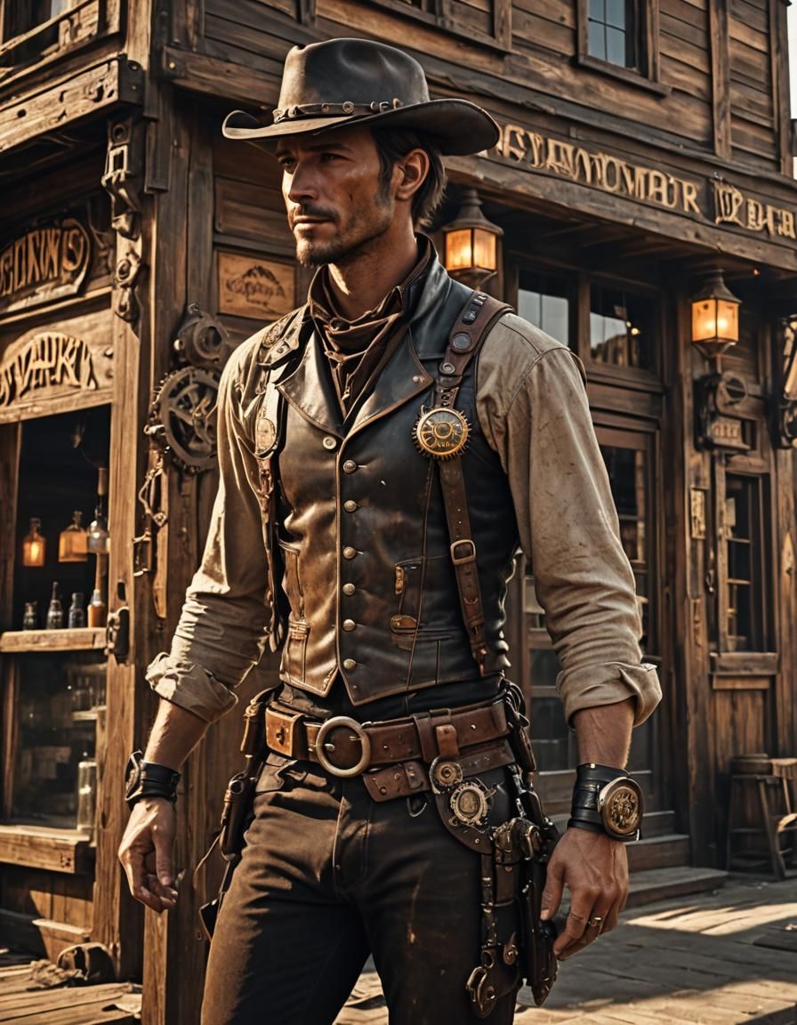 Steampunk Western Cowboy in Post-Apocalyptic Setting