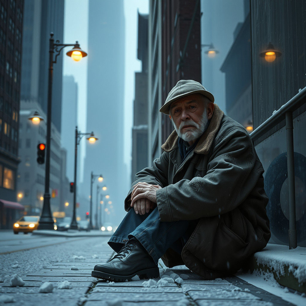 Winter's Resilience: Homeless Man in Cityscape