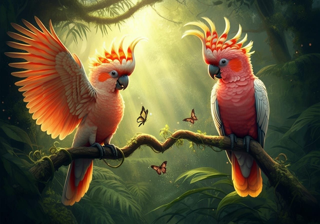 Cockatoos in Lush Australian Rainforest with Iridescent Feat...