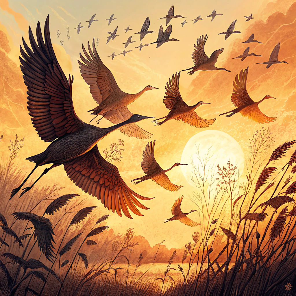 Migratory Birds at Sunrise in Atmospheric Style
