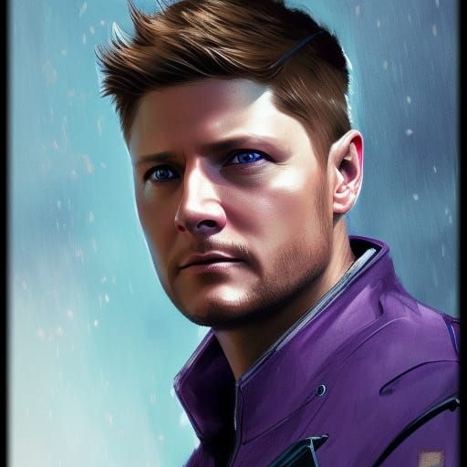 Hawkeye Portrait in Purple Suit, Detailed Concept Art