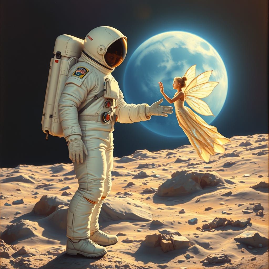 Astronaut and Fairy on the Moon in Oil Painting Style