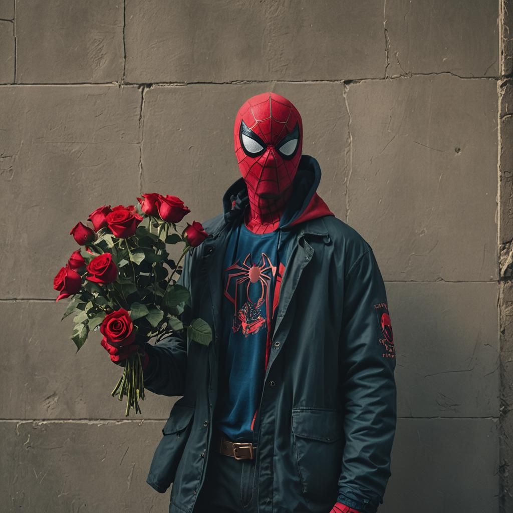 Spider-Man Mugshot with Roses: Cinematic Film Still