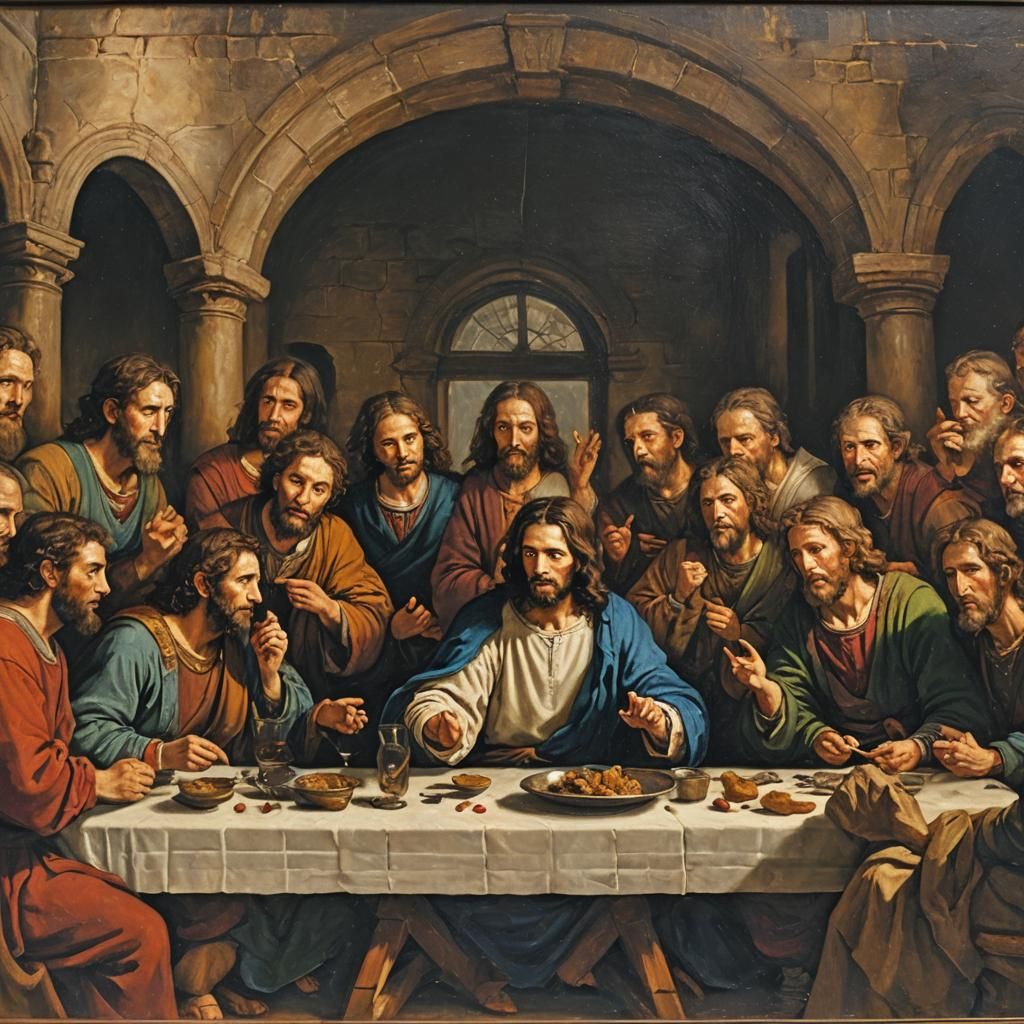 Oil painting on linen in the style of Rembrandt depicting Jesus' Last Supper