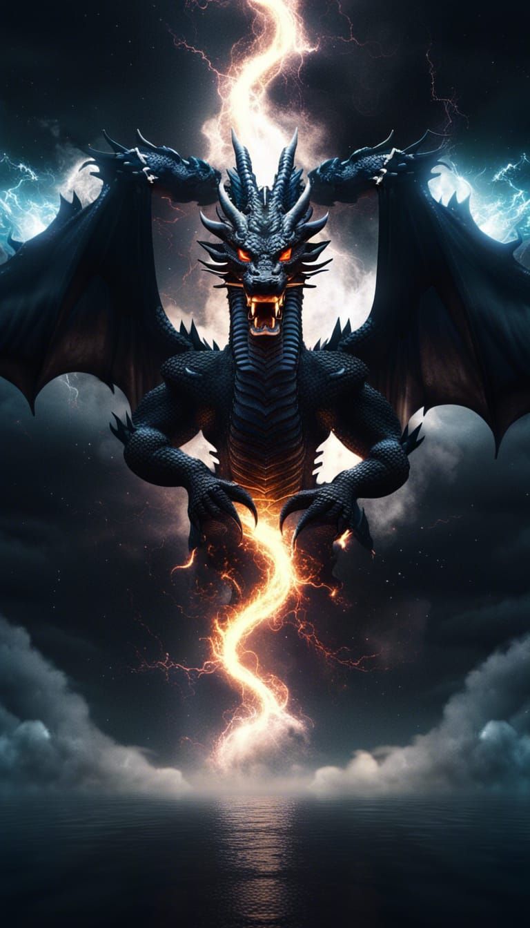 Black Dragon God in Flight, Photorealistic Dark Fantasy