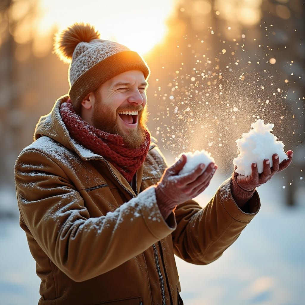 Ginger Man Enjoys Joyful Snowball Fight Under Sunny Skies