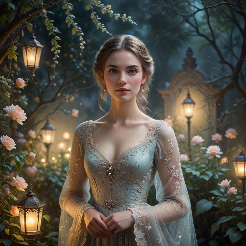 Ethereal Noblewoman in a Moonlit Garden Oil Painting