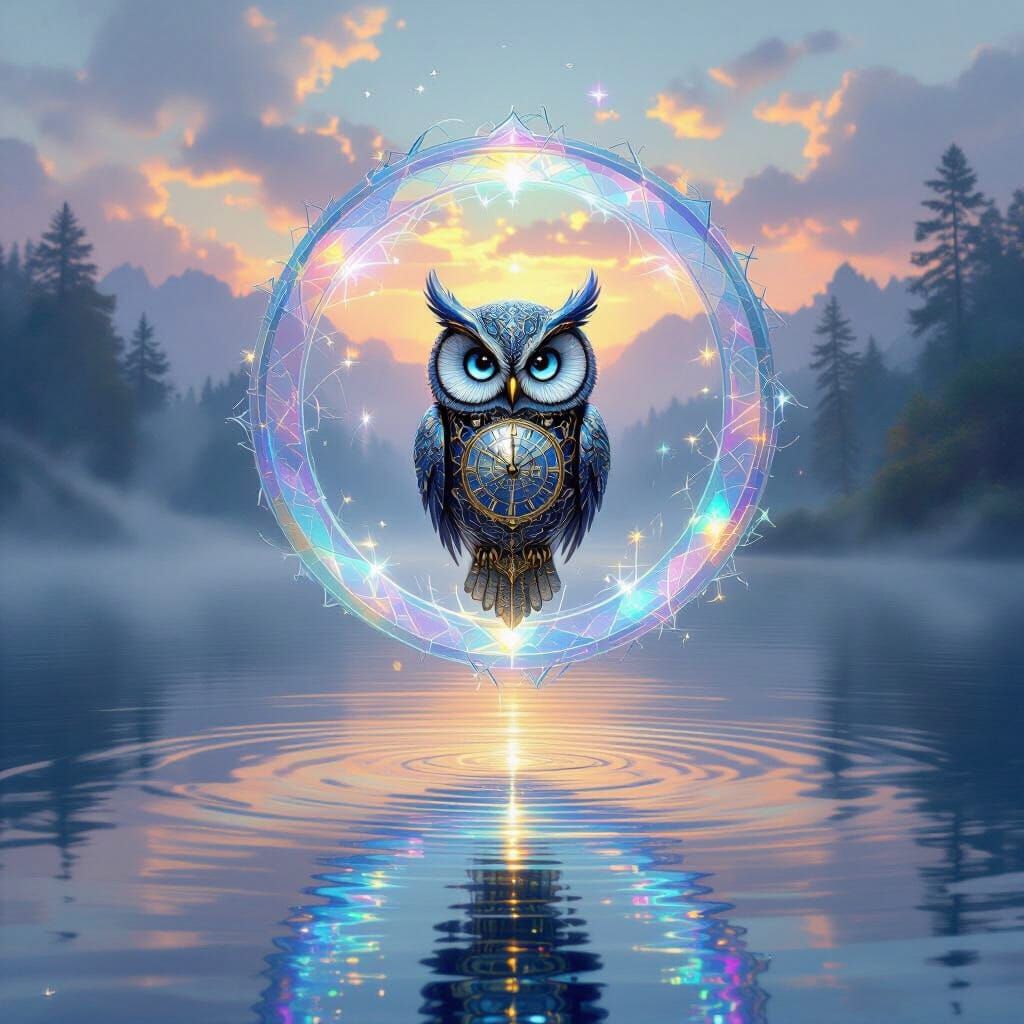 Clockwork Owl Emerges From Iridescent Portal