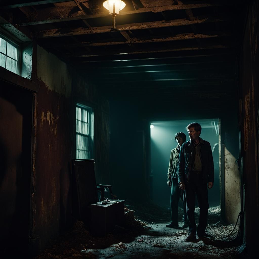 Dilapidated Basement Hideout in Cinematic Horror Style
