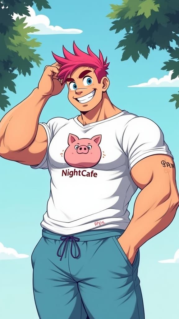 Cheerful Anime Man with Exaggerated Proportions