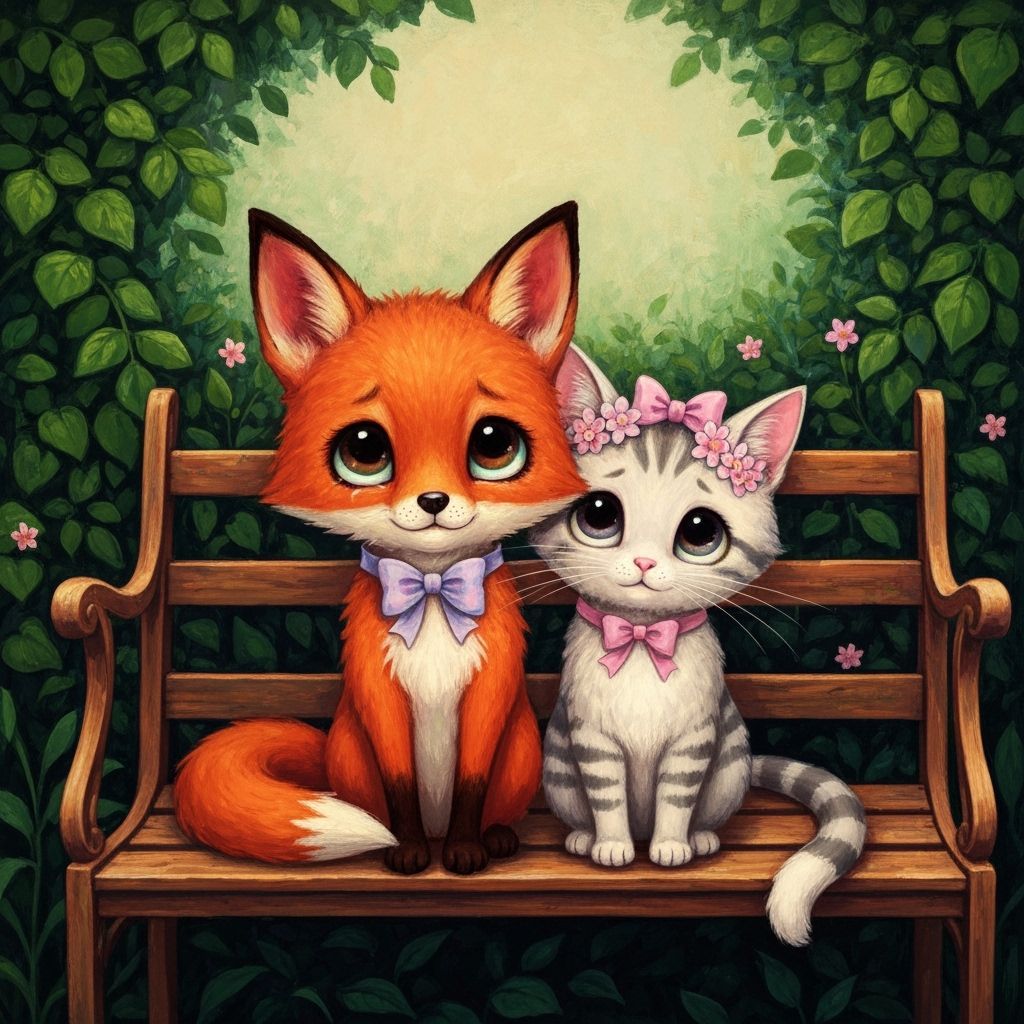 Fox and Cat Best Friends with Big Eyes, Keane Style