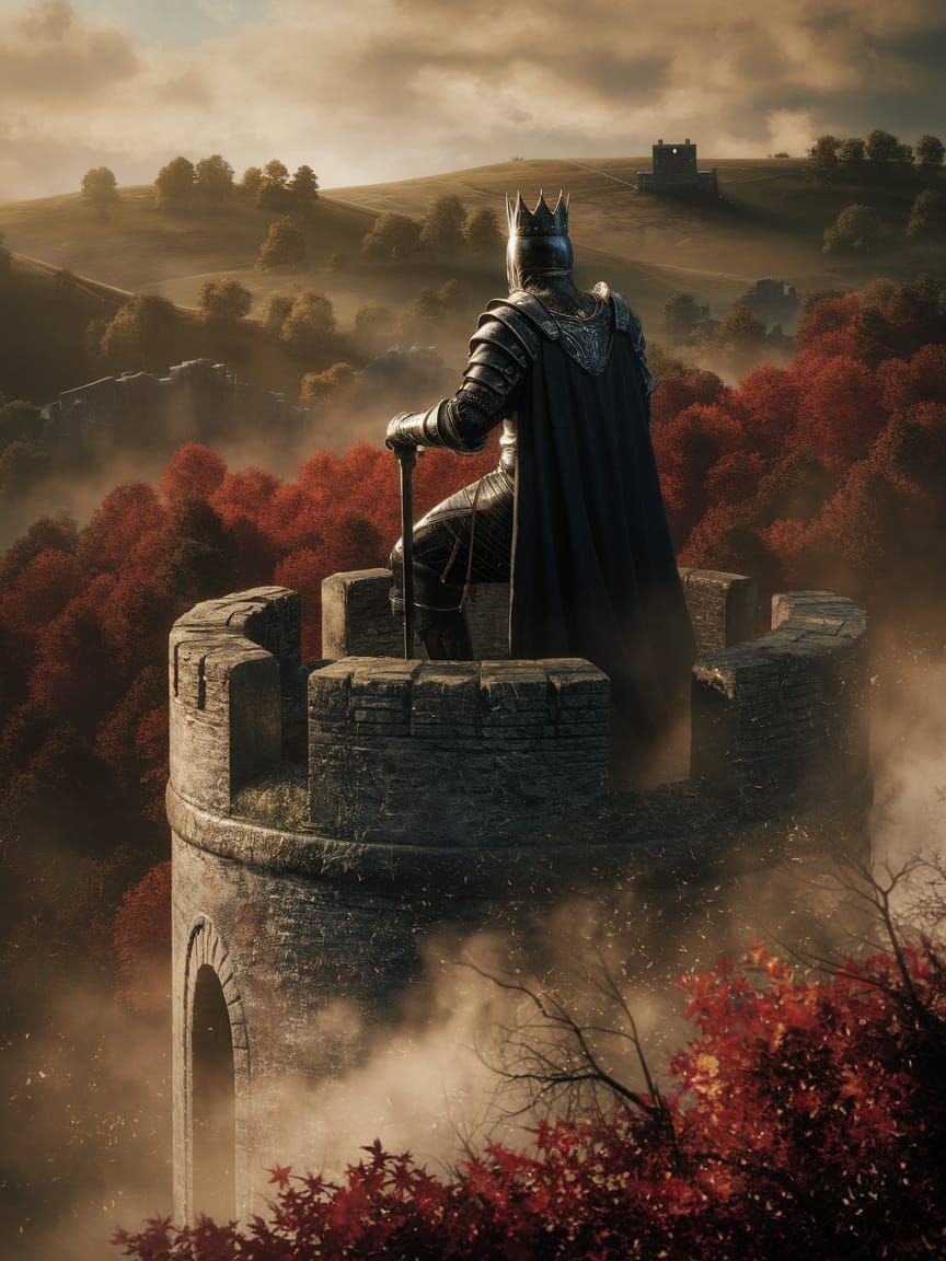 Medieval King on Crumbling Tower Overlooking Mystical Forest
