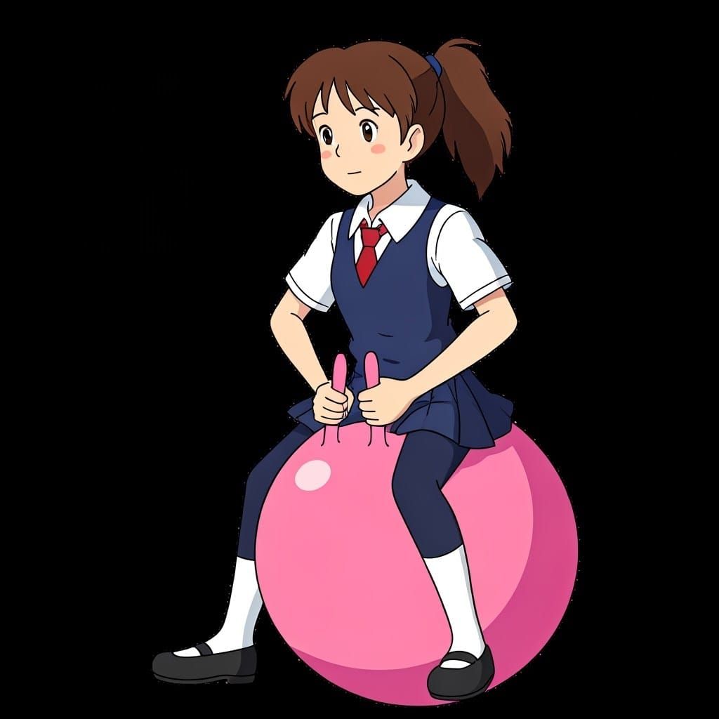 Ghibli-Inspired School Girl Soars on Pink Hopper Ball