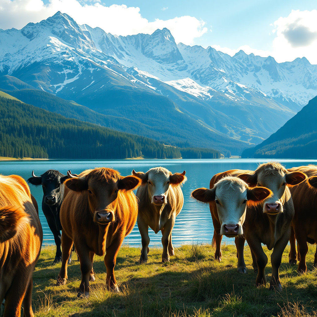 Cows Grazing by Lake with Alps: Hyperrealistic Splash Art