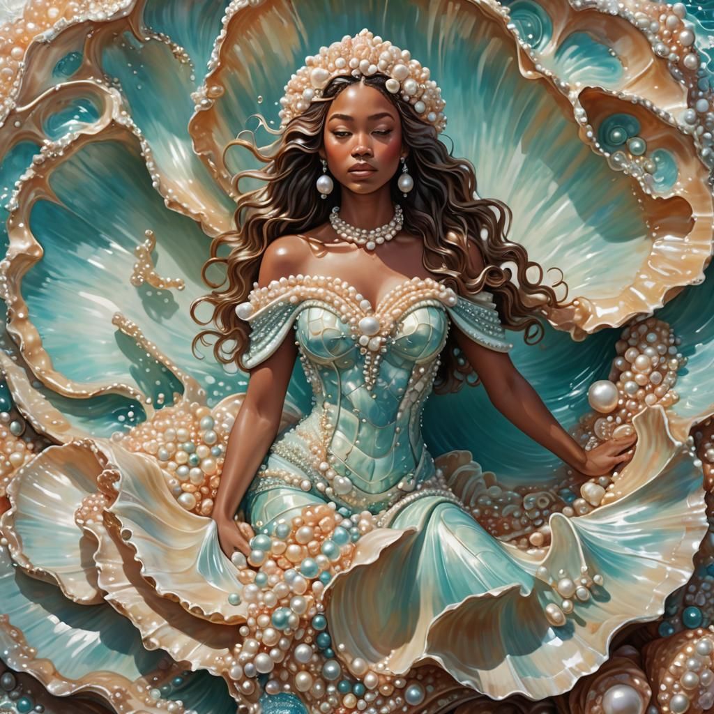 Pearlescent Goddess Emerges from Seashell: Splash Art