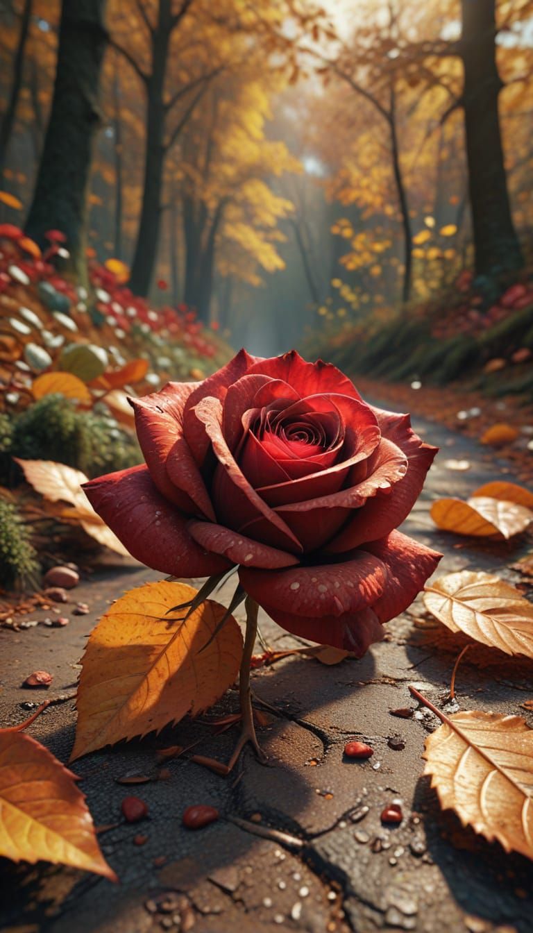 A rose made of autumn leaves laying on a forest path.  Autum...