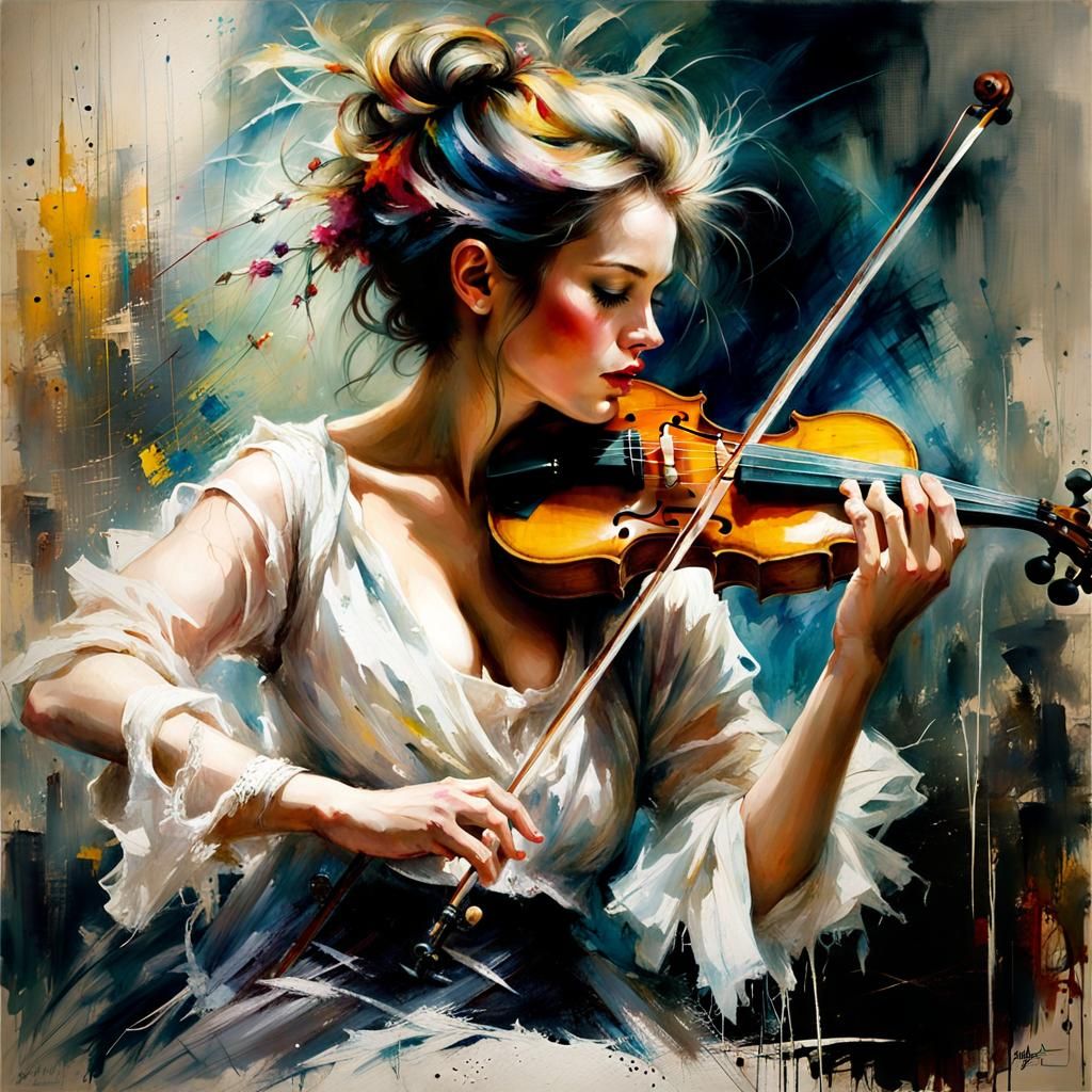Passionate Violinist in Sinister Oil Painting Style