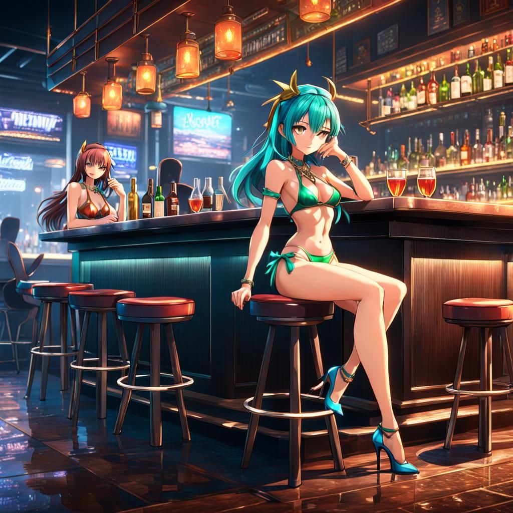 Anime Woman at Bar in Detailed Digital Painting