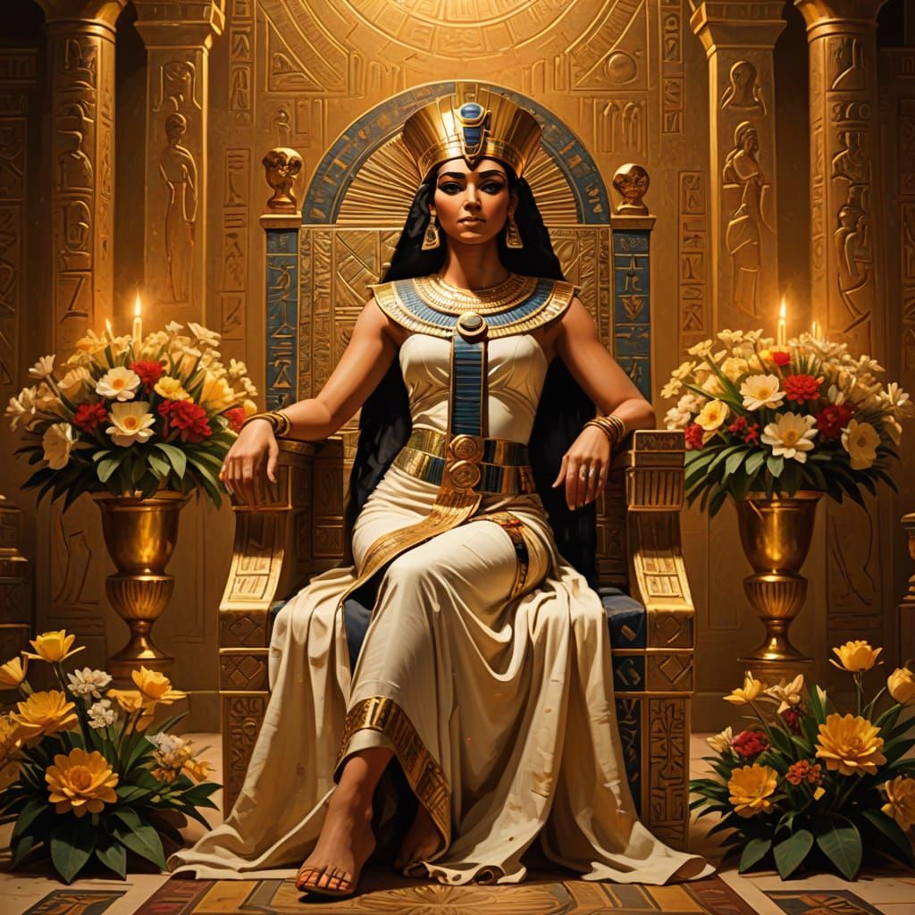 Cleopatra Posing on Throne in Egyptian Art Style
