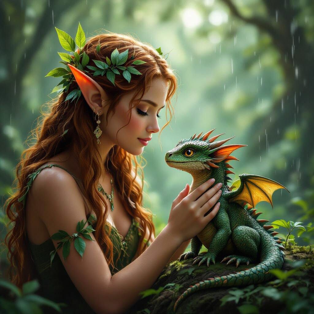 Dryad With Dragon in Wet Forest, Digital Illustration