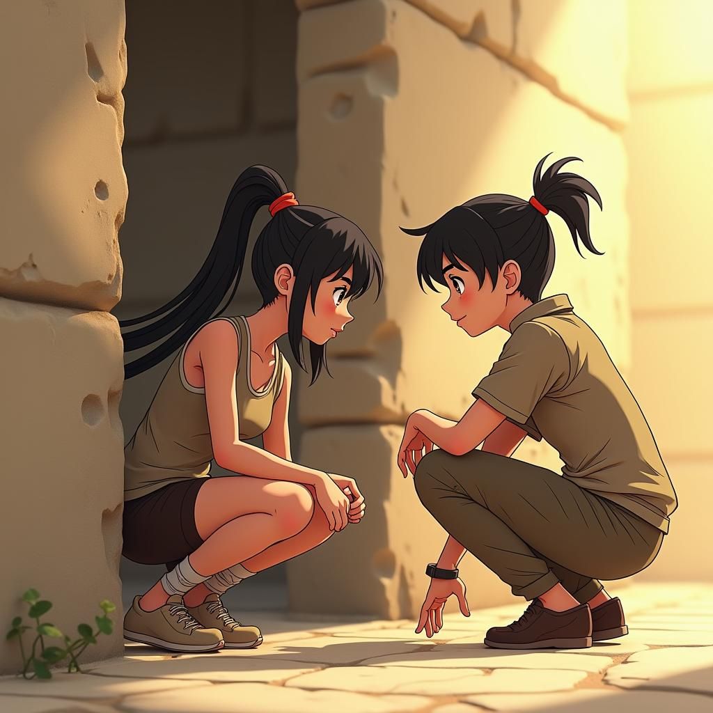 Anime Woman Gesturing Behind Weathered Wall