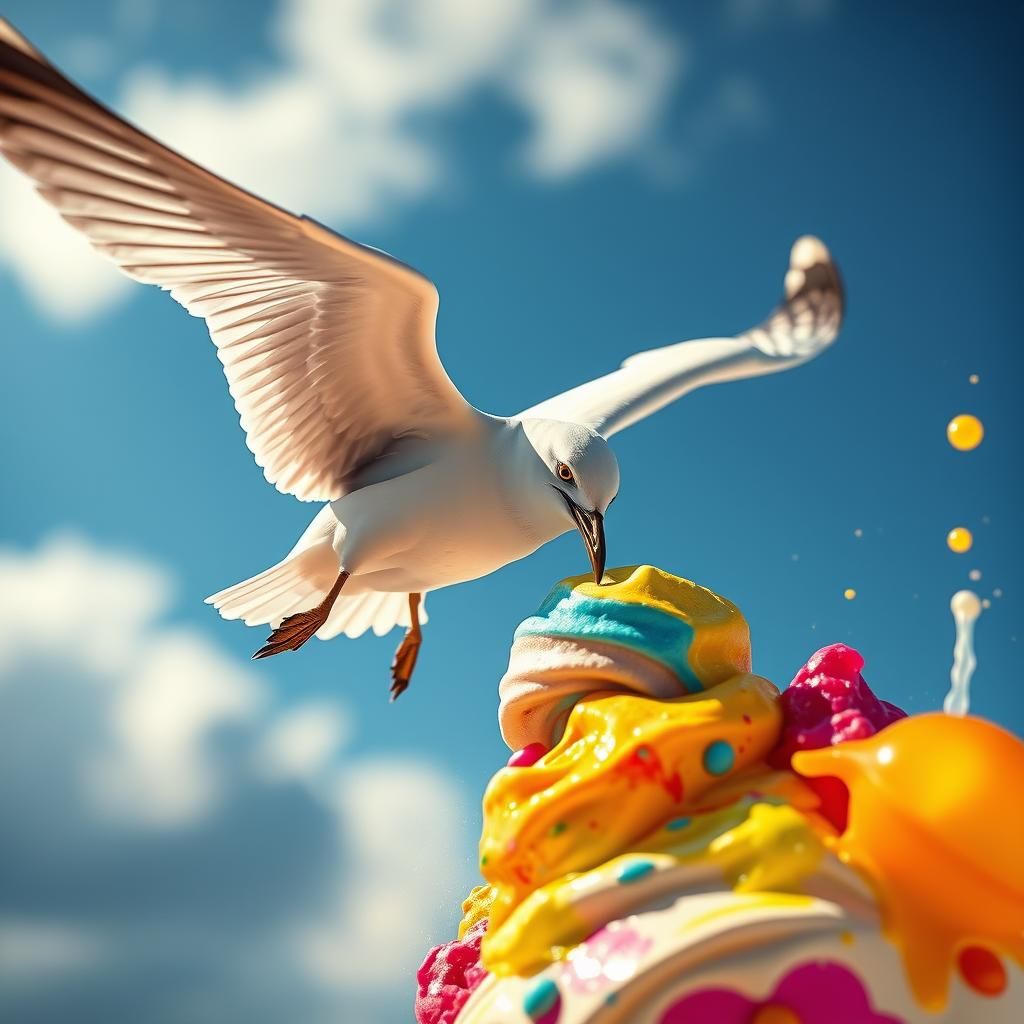 Seagull Snatching Rainbow Ice Cream Camera: Digital Art