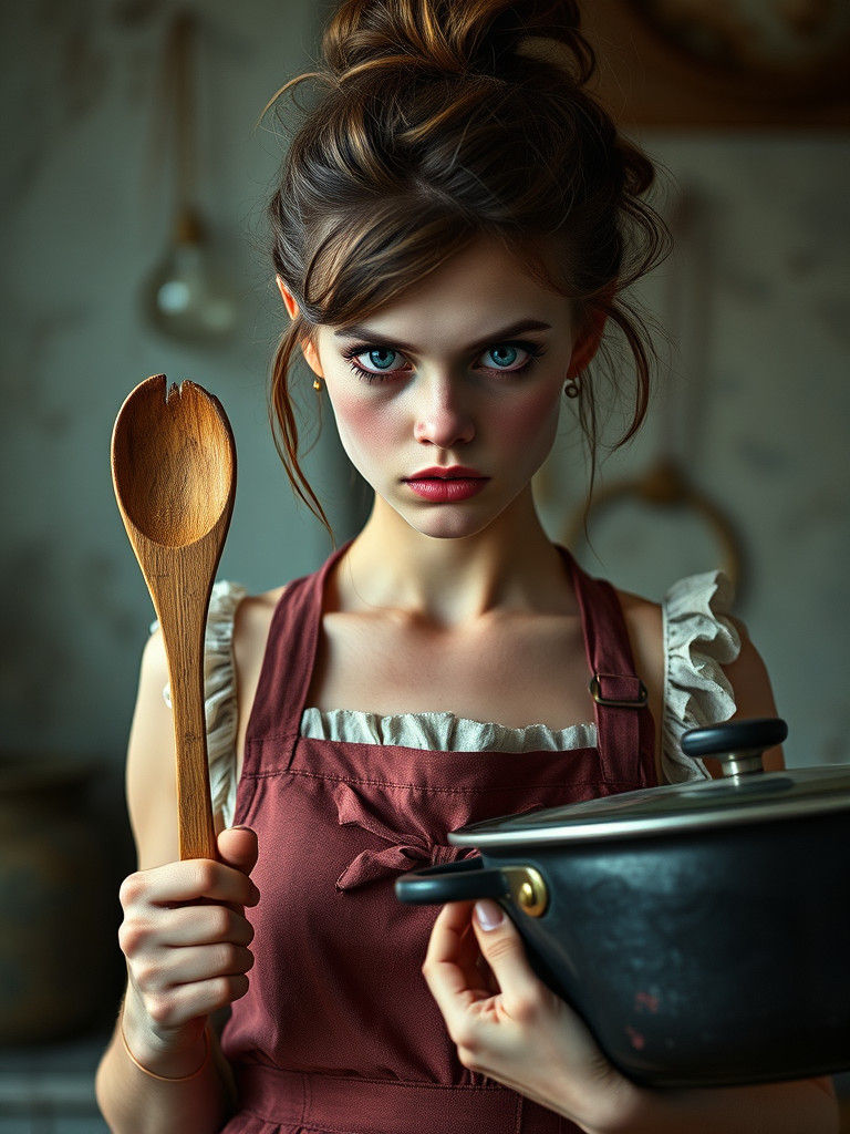 Horrifying Young Woman with Blue Eyes and Vintage Dress