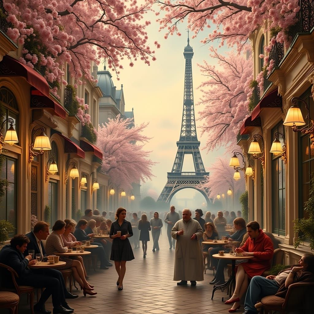Dreamy Parisian Cafe Mural in Morning Mist