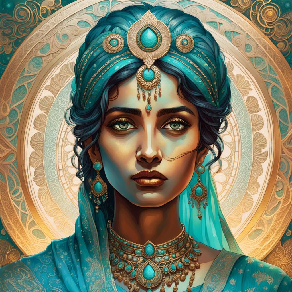 Indian Woman in Turquoise Saree: Art Nouveau Portrait